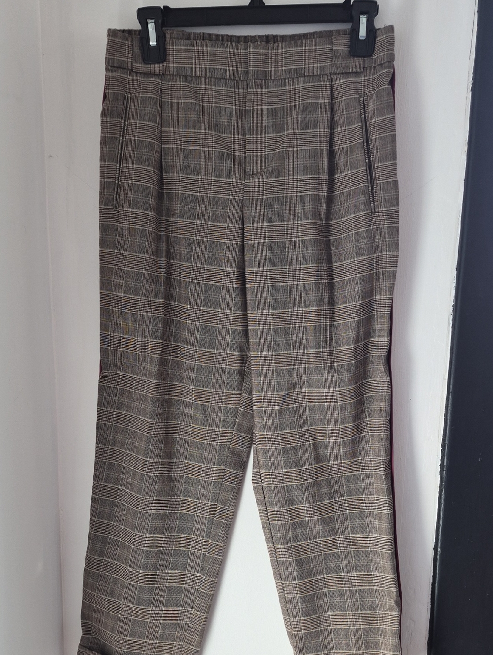 Tailored Plaid Dress Pants with Side Stripe - Brown Plaid